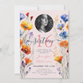 PHOTO Water color Wildflowers Sweet 16赤面ピンク 招待状 (正面)