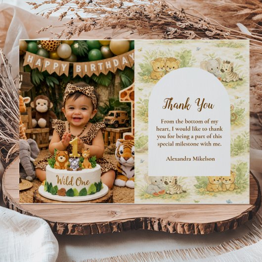 Photo Watercolor Safari Animals First Birthday サンキューカード