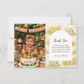 Photo Watercolor Safari Animals First Birthday サンキューカード (正面)