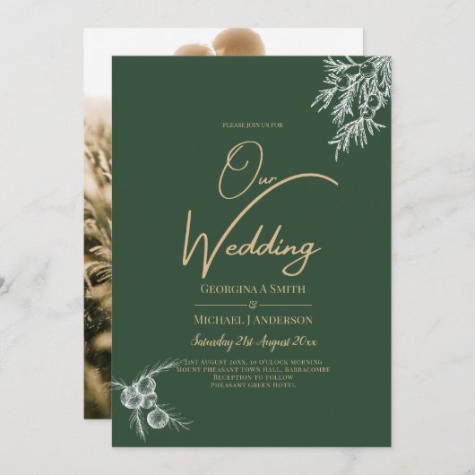 PHOTO Wedding Invite Juniper Green モダン Budget 招待状 (正面/裏面)