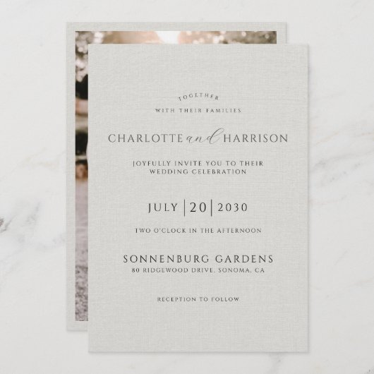 Photo Wedding Modern Minimalist Embossed Linen 招待状 (正面/裏面)