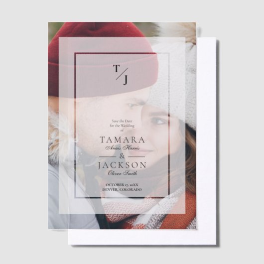 Photo Wedding Vellum Transparency Effect Initials ベラム紙招待状 (オフセット)