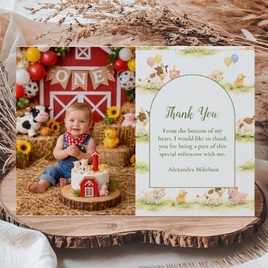 Photo Whimsical Farm Animals Pastel 1st Birthday サンキューカード