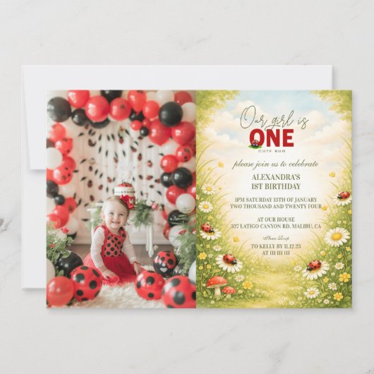 Photo Whimsical Garden Lady Bug 1st Birthday 招待状 (正面)
