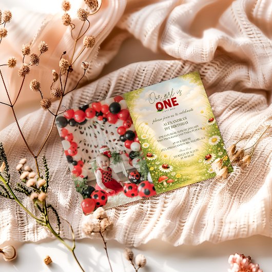 Photo Whimsical Garden Lady Bug 1st Birthday 招待状