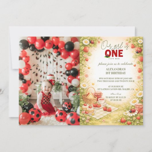 Photo Whimsical Meadow Lady Bug 1st Birthday 招待状 (正面)