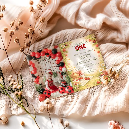 Photo Whimsical Meadow Lady Bug 1st Birthday 招待状