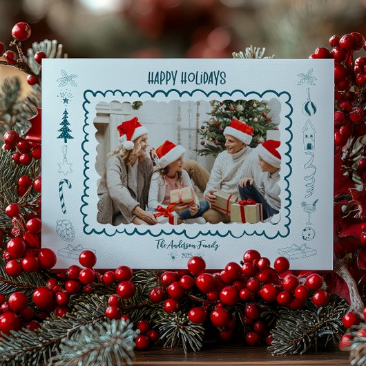 Photo Whimsical Quirky Doodle Holiday シーズンカード