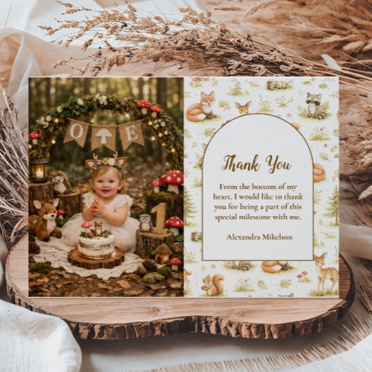 Photo Woodland Animals Wild One Birthday サンキューカード