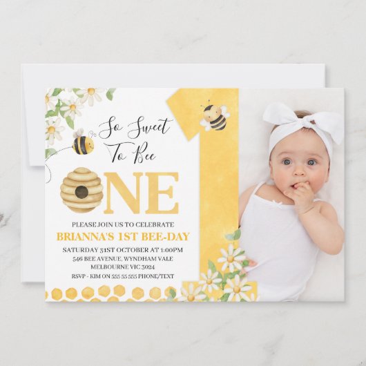 Photo Yellow Daisy Bee First Bee-day Birthday 招待状 (正面)