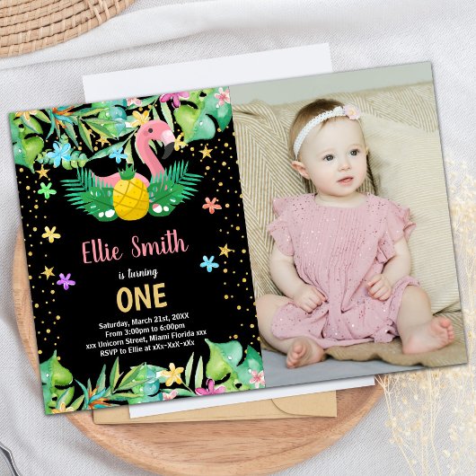 PhotoBlackパイナップルフラミンゴ誕生日招待状 招待状