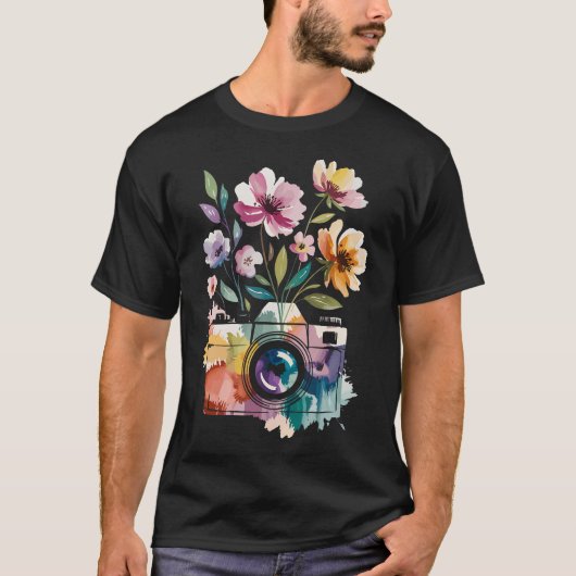 Photographer Camera Photography With Floral Waterc Tシャツ (正面)