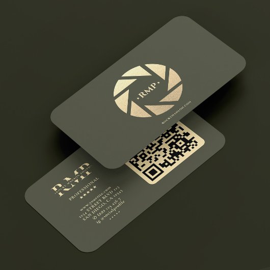 Photographer Gold Camera Lens Army Green Modern 名刺