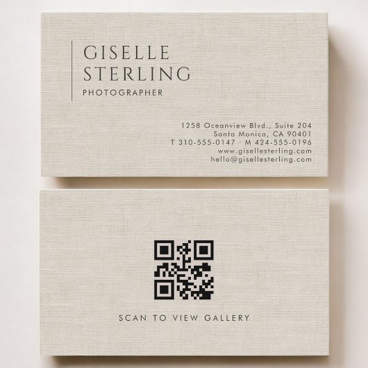 Photographer Luxury Neutral Linen QR Code 名刺