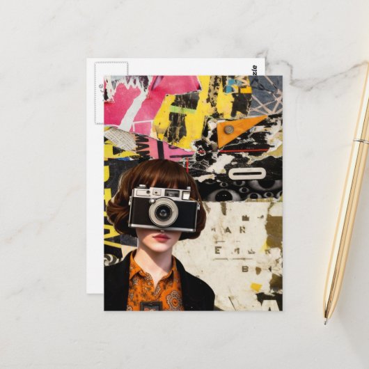 Photographer Woman Grunge Mixed Media Collage  ポストカード (正面/裏面インサイチュ)