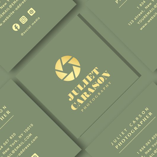 Photography Bold Typography Sage Green And Gold スクエア名刺
