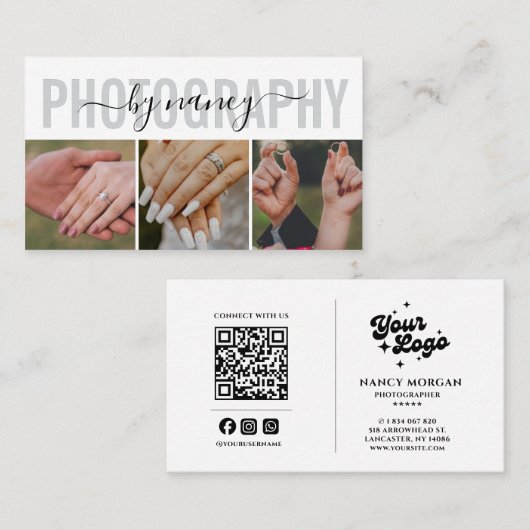 Photography Elegant Script Photo QR Code Logo 名刺 (正面/裏面)
