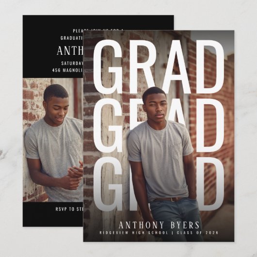 PhotoPop Bold Typography Graduation Party 招待状 (正面/裏面)