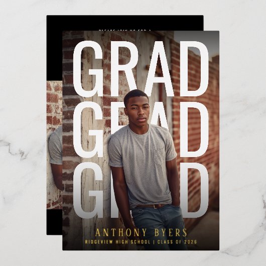 PhotoPop Bold Typography Graduation Party 箔招待状 (正面/裏面)