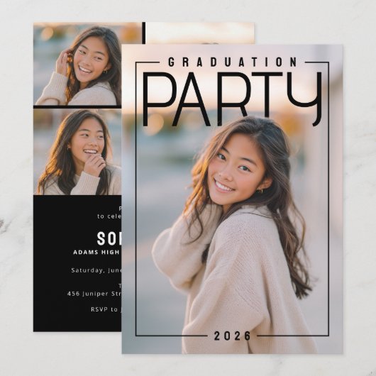 PhotoPop Chic Graduation Party 招待状 (正面/裏面)