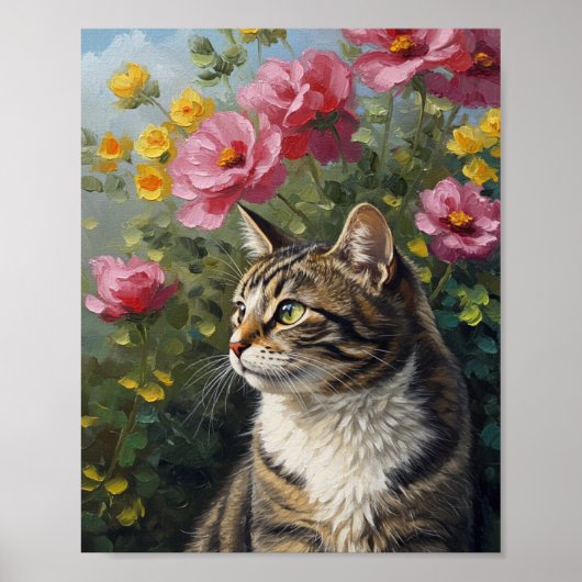 Photoreal Cat & Flowers | Oil-Impressionist Art ポスター (正面)
