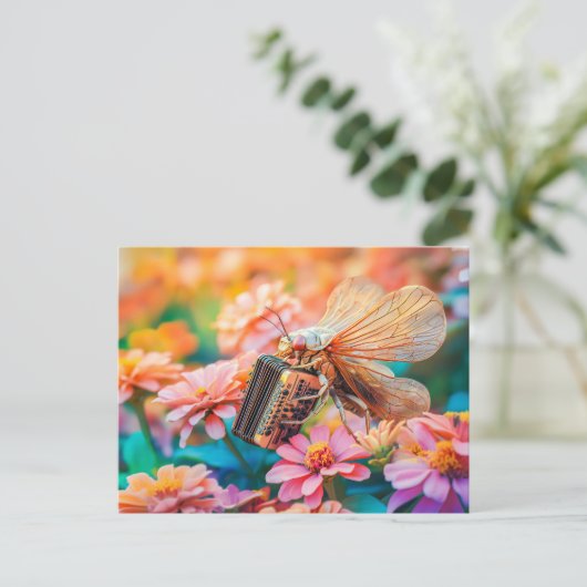 Photorealistic Cicada Playing Accordion inZinnia ポストカード (スタンド正面)
