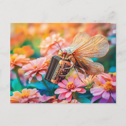 Photorealistic Cicada Playing Accordion inZinnia ポストカード (正面)
