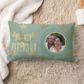 PHOTO's 結婚 Anniversary ANY Aquaティール(緑がかった色)金ゴールドクラ ランバークッション (ブランケット)