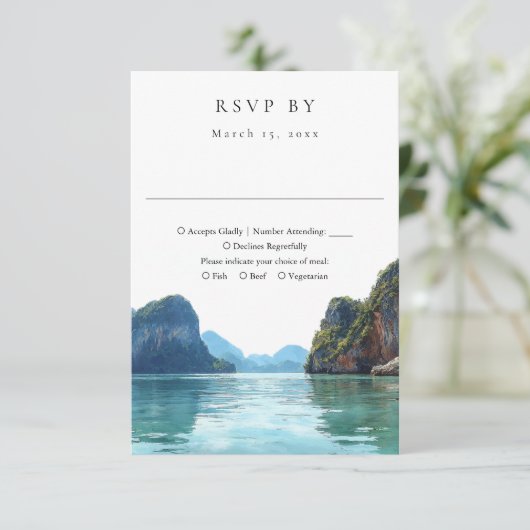 Phuket Thailand Elegant Watercolor Wedding 出欠カード (スタンド正面)