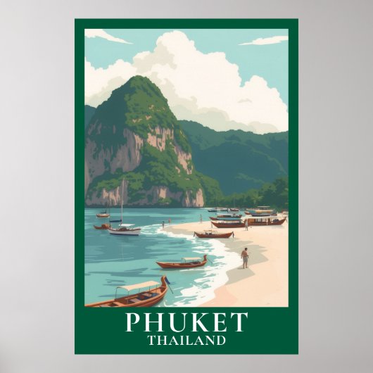 Phuket Thailand Vintage Travel Longtail Boat Beach ポスター (正面)