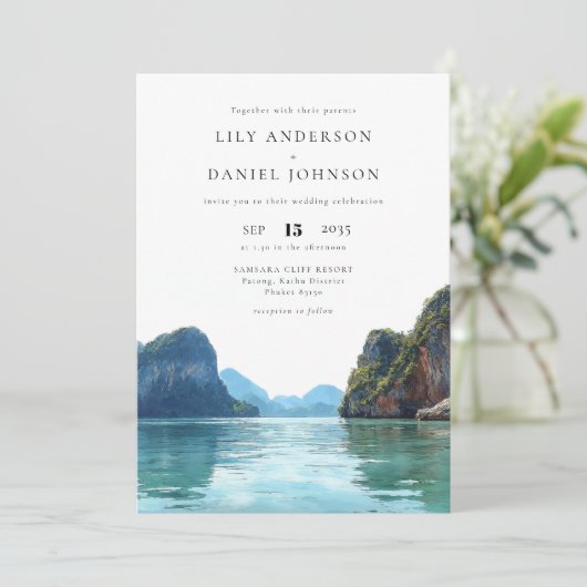 Phuket Thailand Watercolor QR Code Wedding 招待状 (スタンド正面)