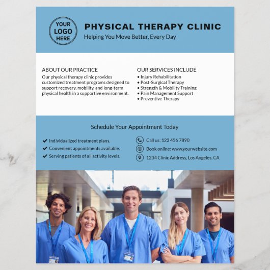Physical Therapy Clinic Blue Logo Photo QR チラシ (正面)