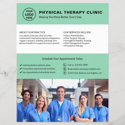 Physical Therapy Clinic Soft Green Logo Photo QR チラシ (正面)