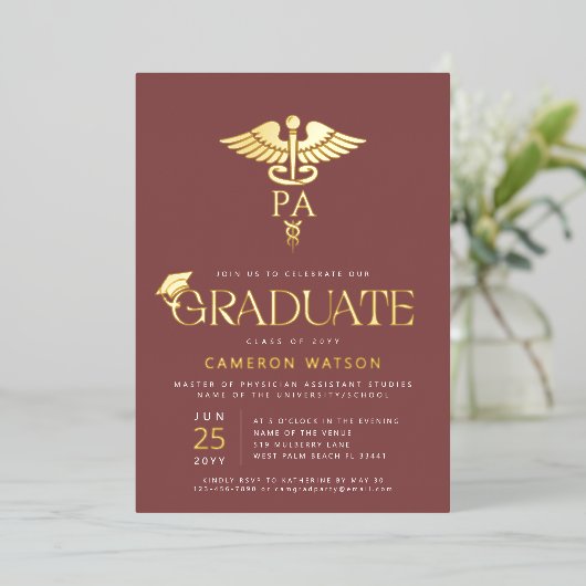 Physician Assistant Graduate PA School Graduation 箔招待状 (立ち正面)