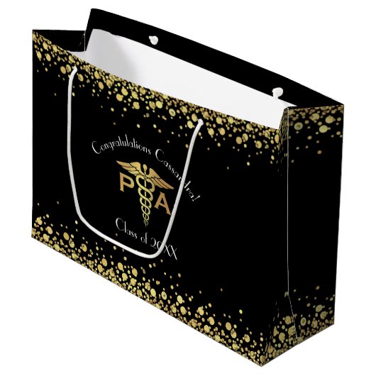 Physician Assistant PA Graduation Black Gold ラージペーパーバッグ (正面アングル)