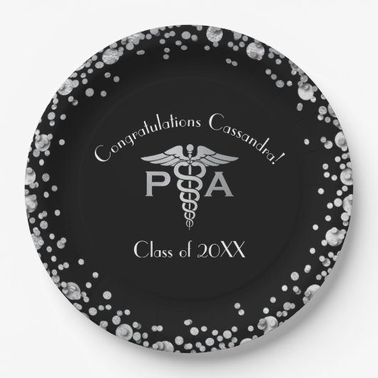 Physician Assistant PA Graduation Black Silver ペーパープレート (正面)