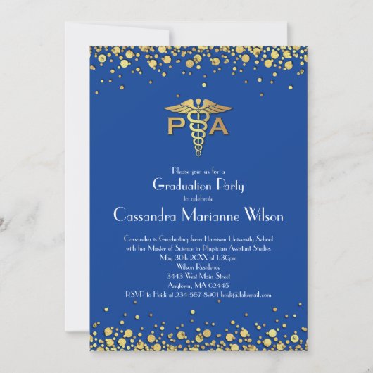 Physician Assistant PA Graduation Blue Gold 招待状 (正面)