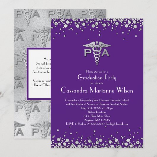 Physician Assistant PA Graduation Purple Silver 招待状 (正面/裏面)