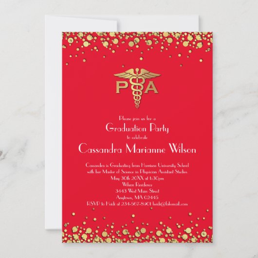 Physician Assistant PA Graduation Red Gold 招待状 (正面)