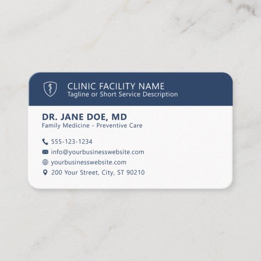 Physician Medical Clinic Minimalist Navy Blue 名刺 (正面)