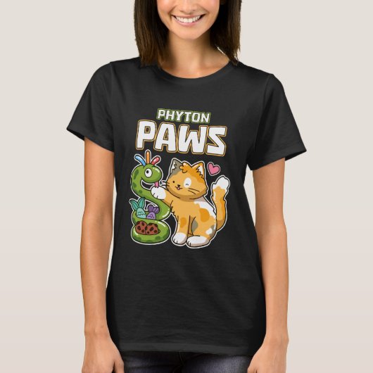 Phyton Paws 楽しい 猫 ヘビ Python プログラミング デザイン Tシャツ (正面)