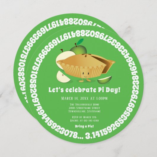 Pi日のアップルパイのパーティーの緑の数学の休日 招待状 (正面/裏面)