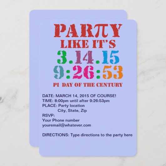 Pi日の招待2015のパーティーは3.14.15 9:26を好みます: 53 招待状 (正面/裏面)