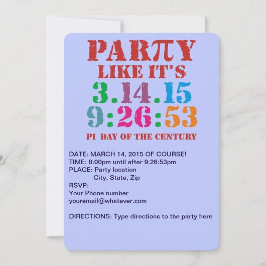 Pi日の招待2015のパーティーは3.14.15 9:26を好みます: 53 招待状 (正面)