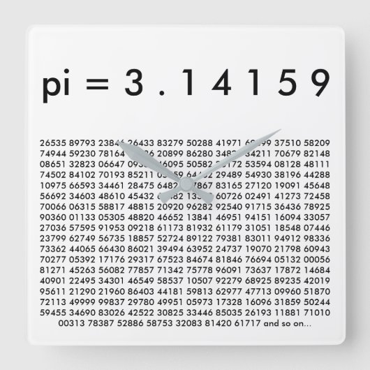 pi= 3.14159白黒数学科学のpi Day桁 スクエア壁時計 (正面)