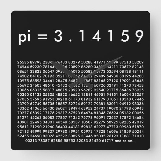 pi= 3.14159白黒Math Science pi Day桁 スクエア壁時計 (正面)
