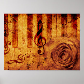 Piano keys with musical notes and rose ポスター