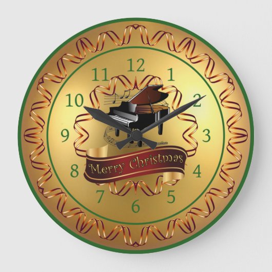 Piano ~ Musical Scroll ~ Gold “Merry Christmas”  ラージ壁時計 (正面)