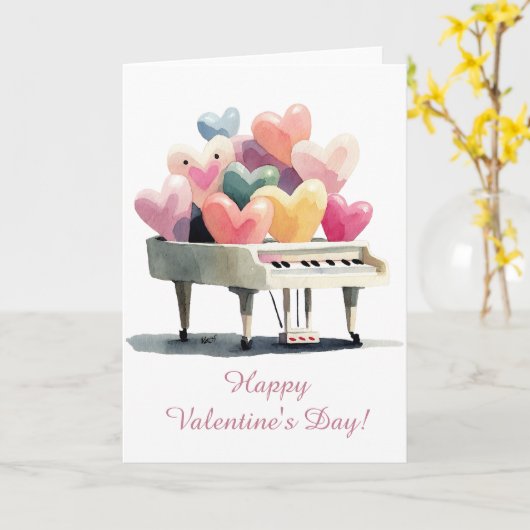 Piano of Love Hearts Valentine's Day カード (黄色い花)