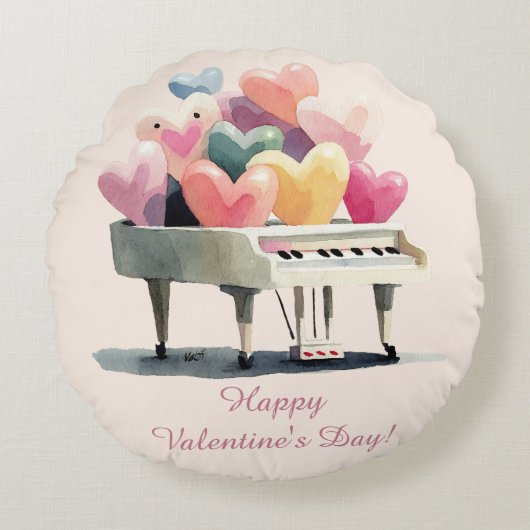Piano of Love Hearts Valentine's Day ラウンドクッション (正面)